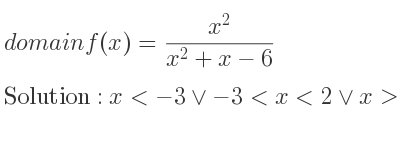 The domain of f(x)=(x^2)/(x^2+x-6) is x<-3\lor-3<x<2\lor x>2
